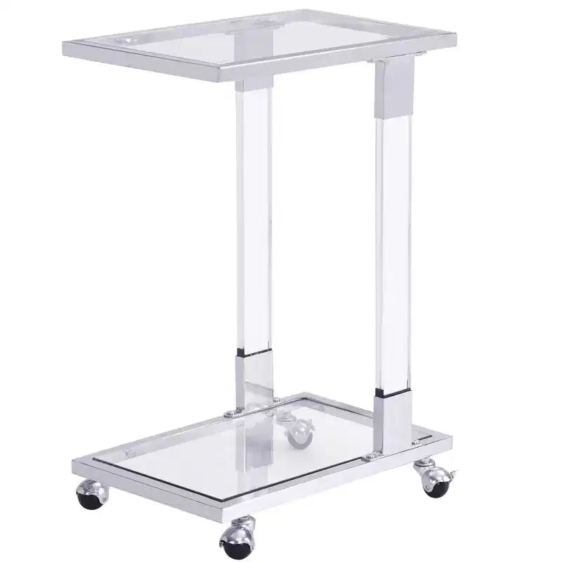 Tavolino Moderno in Vetro con Gambe in Acrilico, Tavolino a C con Base in Metallo Cromato per Soggiorno, Camera da Letto, Balcone