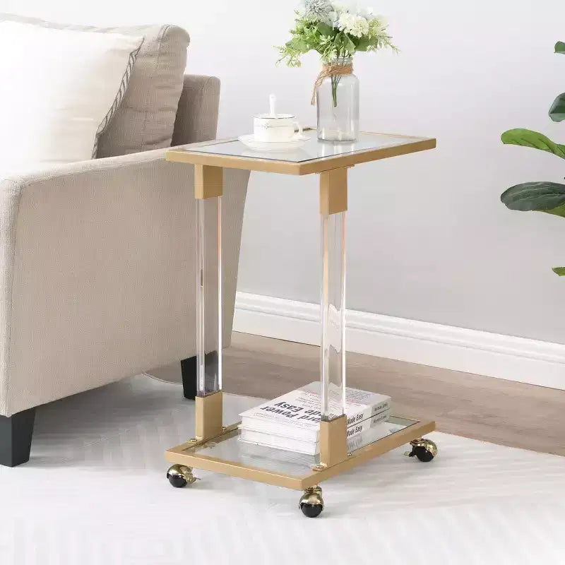Tavolino Moderno in Vetro con Gambe in Acrilico, Tavolino a C con Base in Metallo Cromato per Soggiorno, Camera da Letto, Balcone