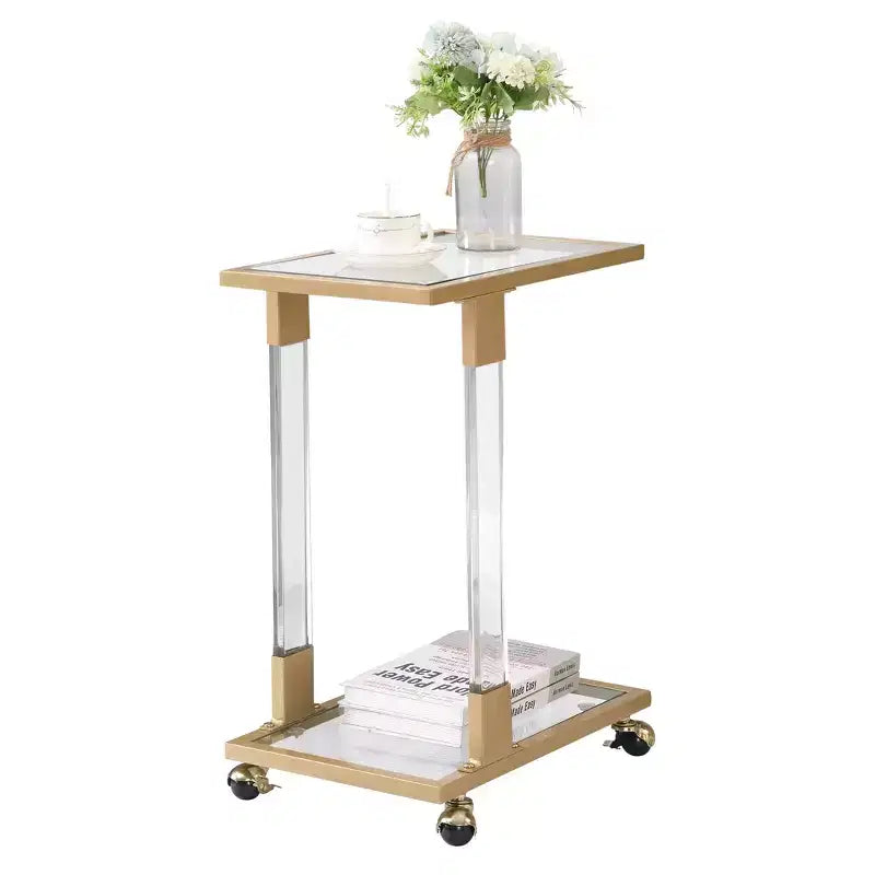 Tavolino Moderno in Vetro con Gambe in Acrilico, Tavolino a C con Base in Metallo Cromato per Soggiorno, Camera da Letto, Balcone