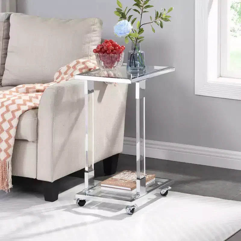 Tavolino Moderno in Vetro con Gambe in Acrilico, Tavolino a C con Base in Metallo Cromato per Soggiorno, Camera da Letto, Balcone