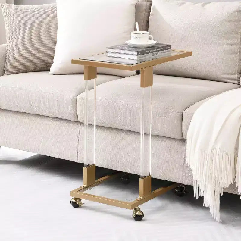 Tavolino Moderno in Vetro con Gambe in Acrilico, Tavolino a C con Base in Metallo Cromato per Soggiorno, Camera da Letto, Balcone