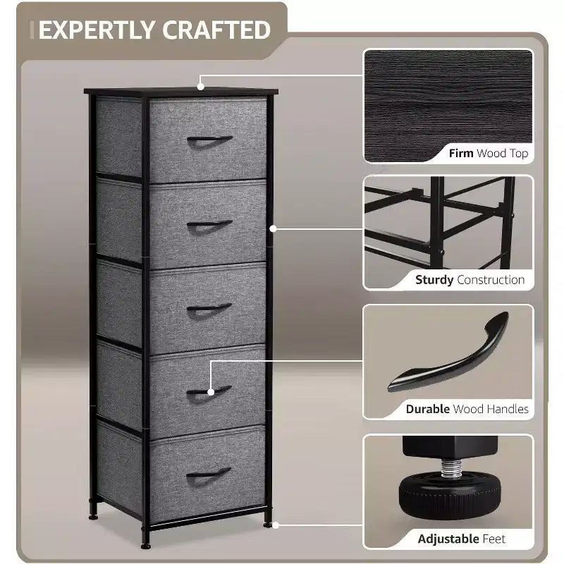 Comodino stretto a 5 cassetti con struttura in acciaio, piano in legno e cassetti in tessuto facili da estrarre per casa, camera da letto, ufficio e dormitorio