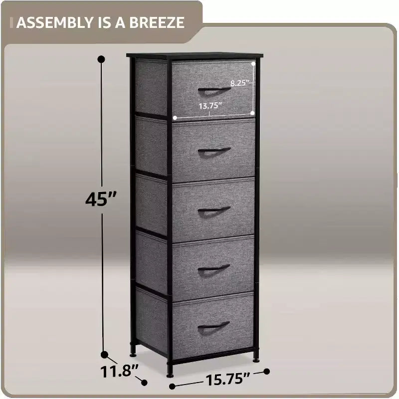 Comodino stretto a 5 cassetti con struttura in acciaio, piano in legno e cassetti in tessuto facili da estrarre per casa, camera da letto, ufficio e dormitorio