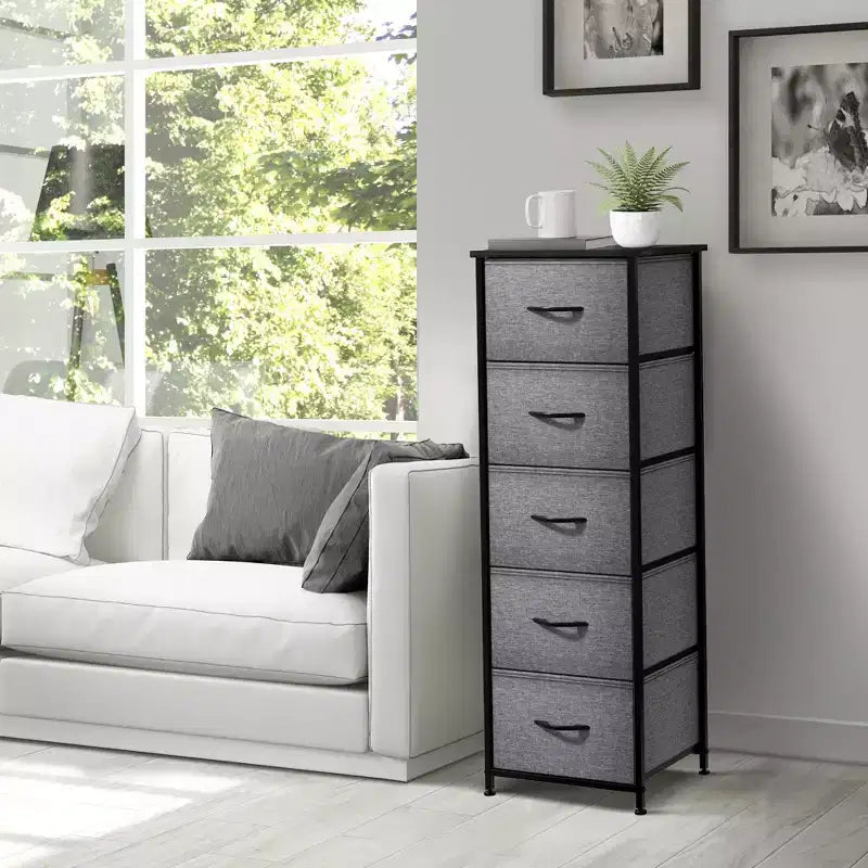 Comodino stretto a 5 cassetti con struttura in acciaio, piano in legno e cassetti in tessuto facili da estrarre per casa, camera da letto, ufficio e dormitorio