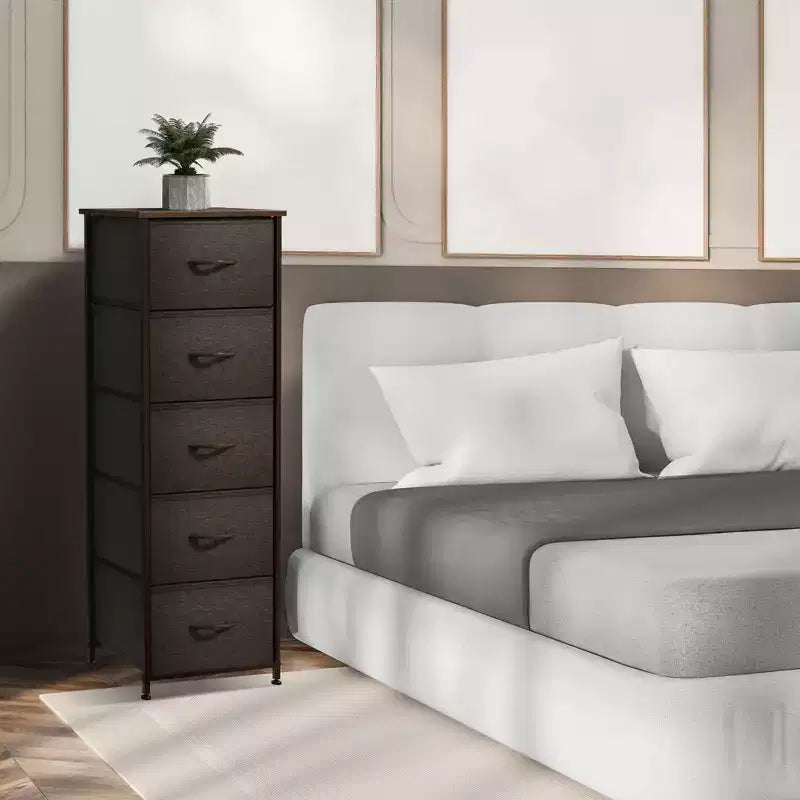 Comodino stretto a 5 cassetti con struttura in acciaio, piano in legno e cassetti in tessuto facili da estrarre per casa, camera da letto, ufficio e dormitorio