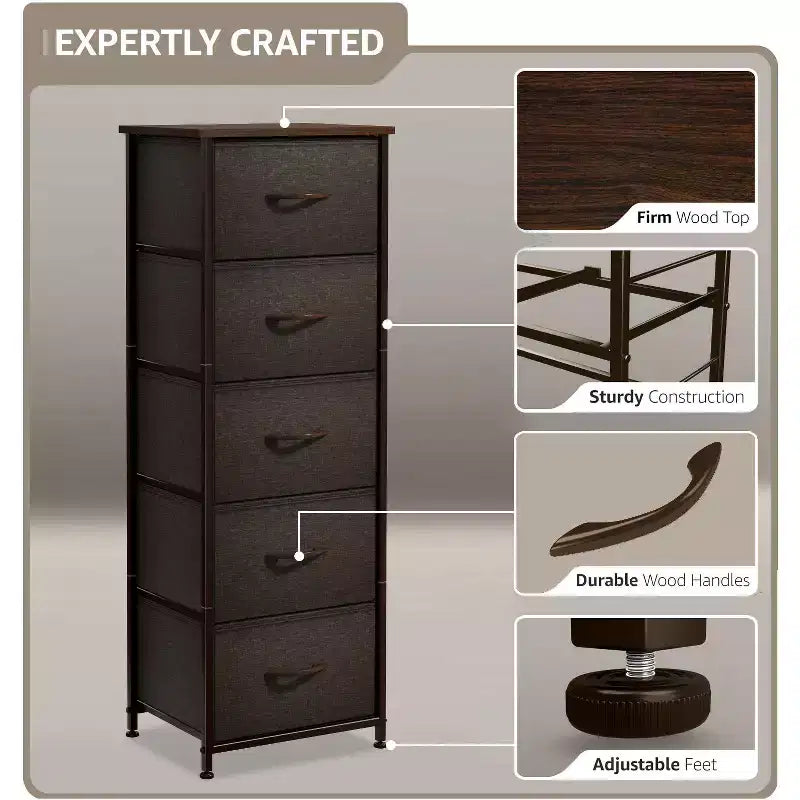 Comodino stretto a 5 cassetti con struttura in acciaio, piano in legno e cassetti in tessuto facili da estrarre per casa, camera da letto, ufficio e dormitorio
