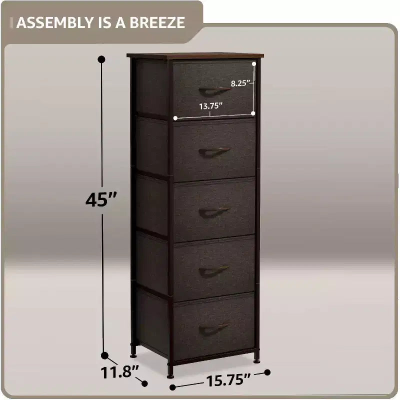 Comodino stretto a 5 cassetti con struttura in acciaio, piano in legno e cassetti in tessuto facili da estrarre per casa, camera da letto, ufficio e dormitorio