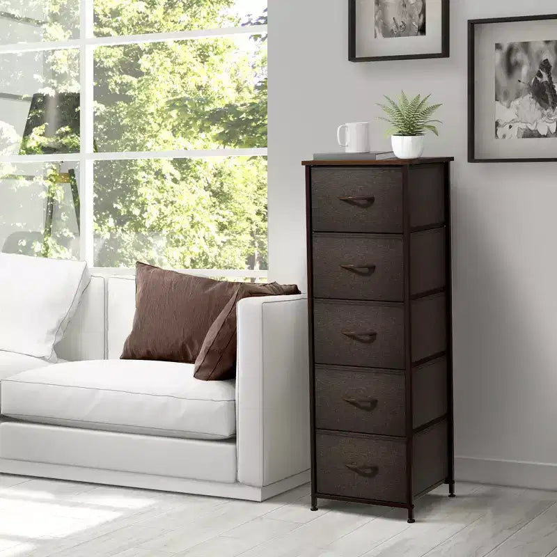 Comodino stretto a 5 cassetti con struttura in acciaio, piano in legno e cassetti in tessuto facili da estrarre per casa, camera da letto, ufficio e dormitorio