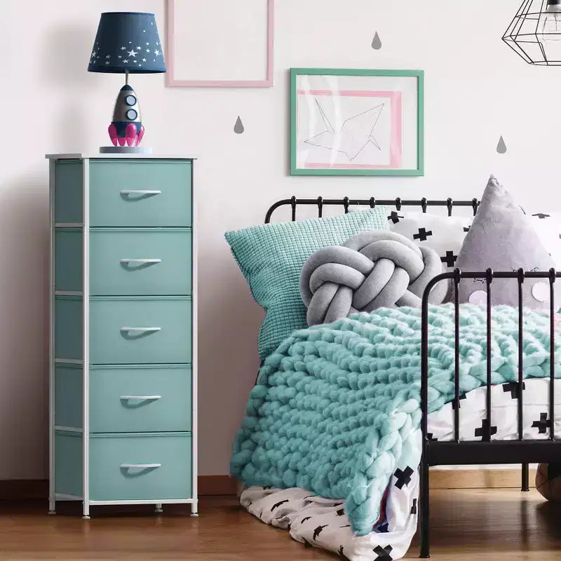 Comodino stretto a 5 cassetti con struttura in acciaio, piano in legno e cassetti in tessuto facili da estrarre per casa, camera da letto, ufficio e dormitorio