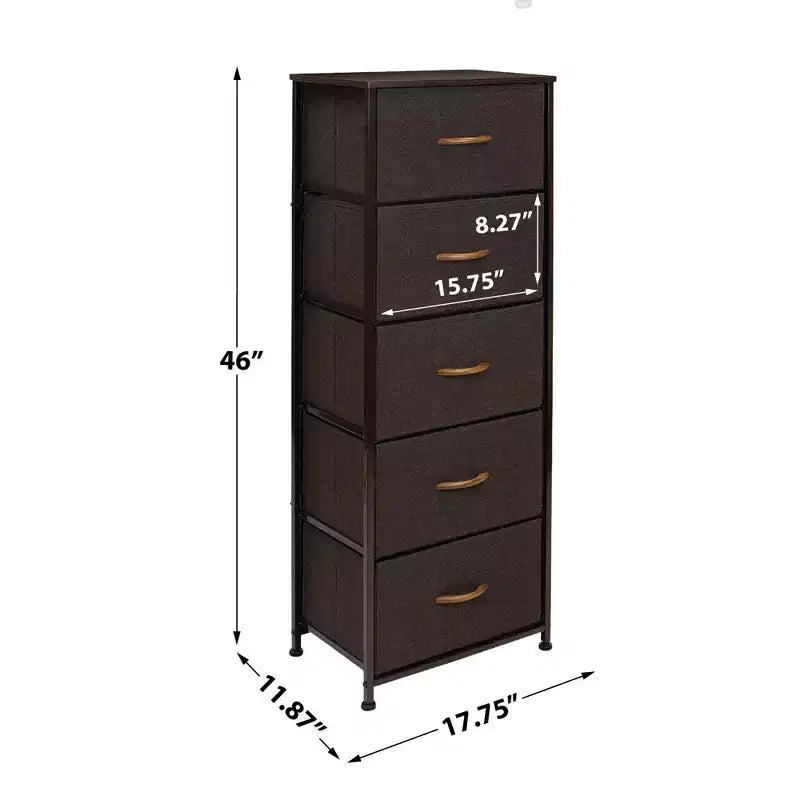 Comodino stretto a 5 cassetti con struttura in acciaio, piano in legno e cassetti in tessuto facili da estrarre per casa, camera da letto, ufficio e dormitorio