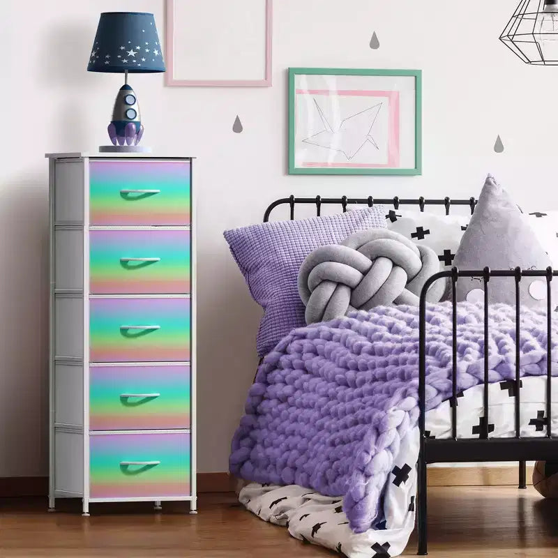 Comodino stretto a 5 cassetti con struttura in acciaio, piano in legno e cassetti in tessuto facili da estrarre per casa, camera da letto, ufficio e dormitorio