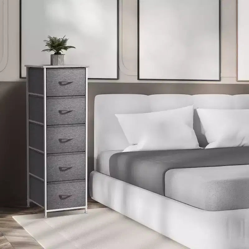 Comodino stretto a 5 cassetti con struttura in acciaio, piano in legno e cassetti in tessuto facili da estrarre per casa, camera da letto, ufficio e dormitorio