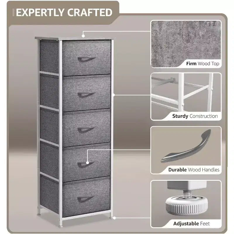 Comodino stretto a 5 cassetti con struttura in acciaio, piano in legno e cassetti in tessuto facili da estrarre per casa, camera da letto, ufficio e dormitorio
