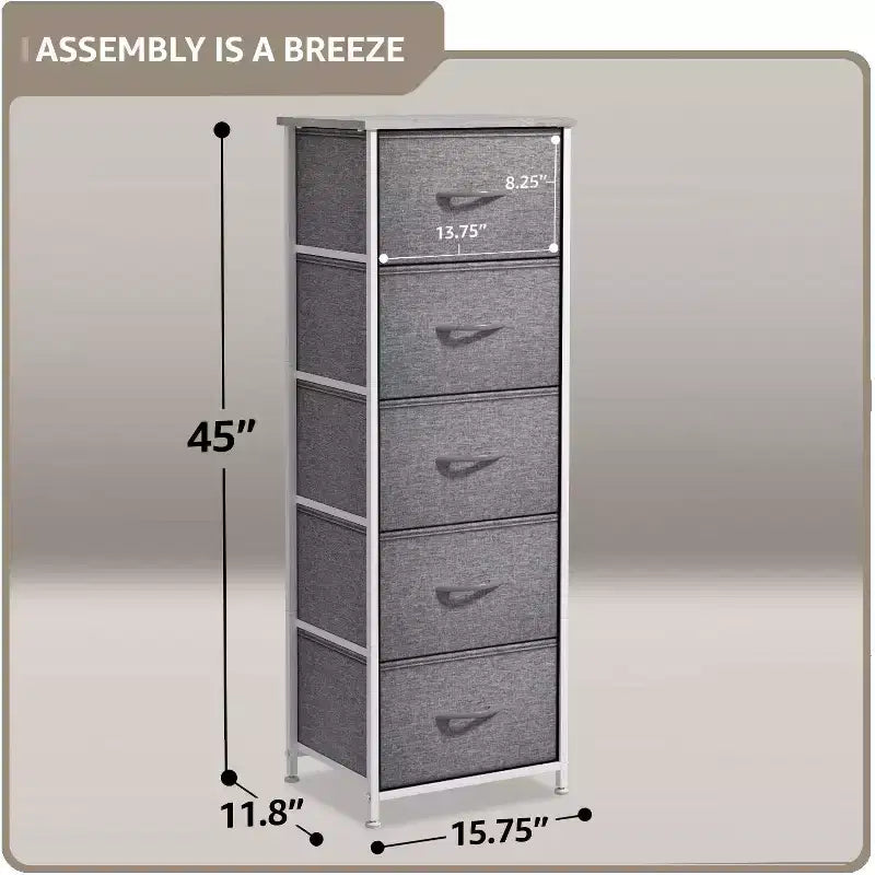Comodino stretto a 5 cassetti con struttura in acciaio, piano in legno e cassetti in tessuto facili da estrarre per casa, camera da letto, ufficio e dormitorio