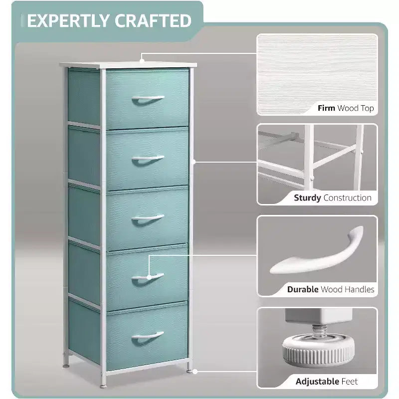 Comodino stretto a 5 cassetti con struttura in acciaio, piano in legno e cassetti in tessuto facili da estrarre per casa, camera da letto, ufficio e dormitorio