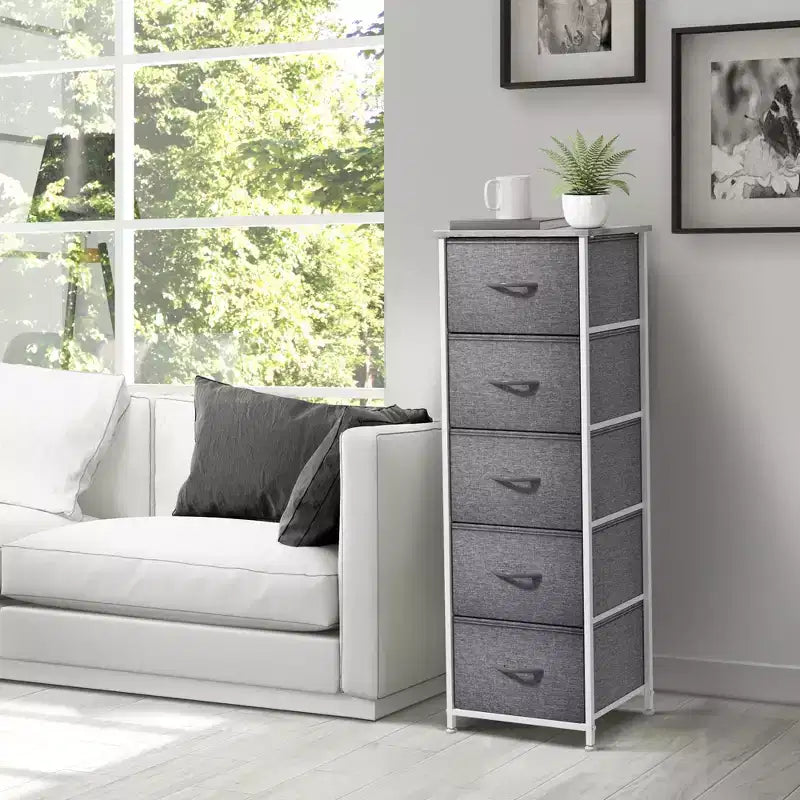 Comodino stretto a 5 cassetti con struttura in acciaio, piano in legno e cassetti in tessuto facili da estrarre per casa, camera da letto, ufficio e dormitorio