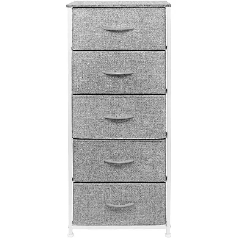 Comodino stretto a 5 cassetti con struttura in acciaio, piano in legno e cassetti in tessuto facili da estrarre per casa, camera da letto, ufficio e dormitorio