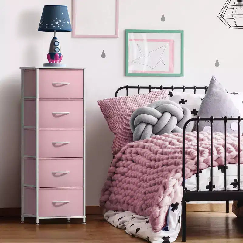 Comodino stretto a 5 cassetti con struttura in acciaio, piano in legno e cassetti in tessuto facili da estrarre per casa, camera da letto, ufficio e dormitorio