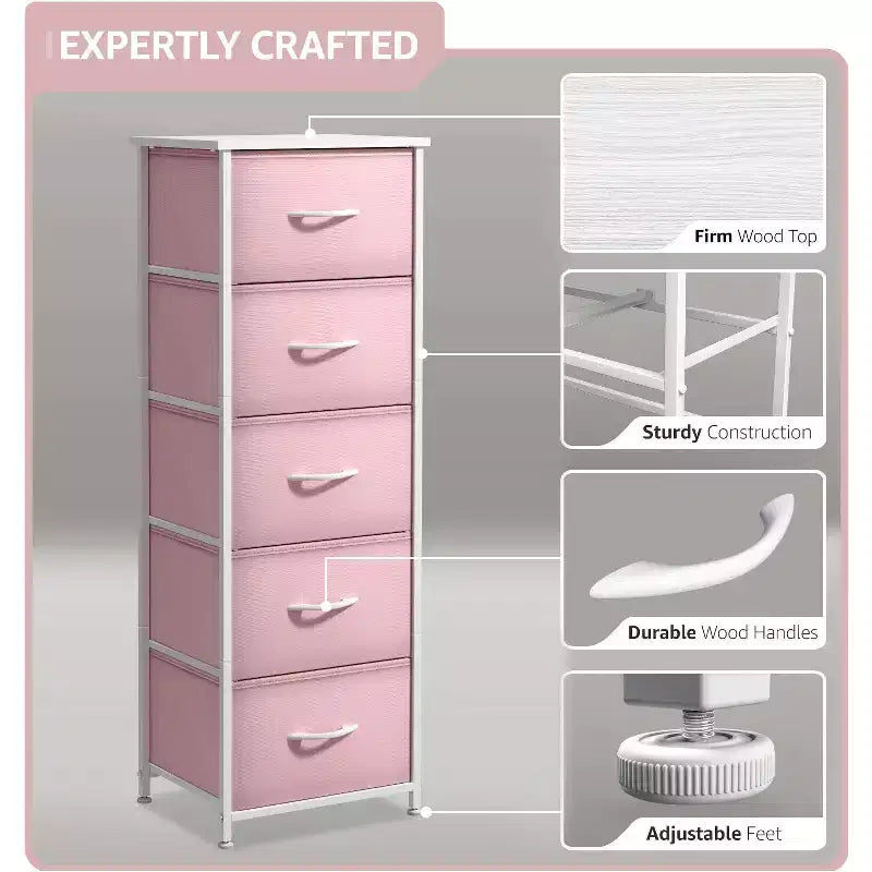 Comodino stretto a 5 cassetti con struttura in acciaio, piano in legno e cassetti in tessuto facili da estrarre per casa, camera da letto, ufficio e dormitorio