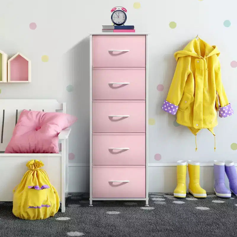 Comodino stretto a 5 cassetti con struttura in acciaio, piano in legno e cassetti in tessuto facili da estrarre per casa, camera da letto, ufficio e dormitorio