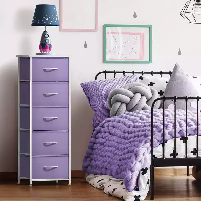 Comodino stretto a 5 cassetti con struttura in acciaio, piano in legno e cassetti in tessuto facili da estrarre per casa, camera da letto, ufficio e dormitorio