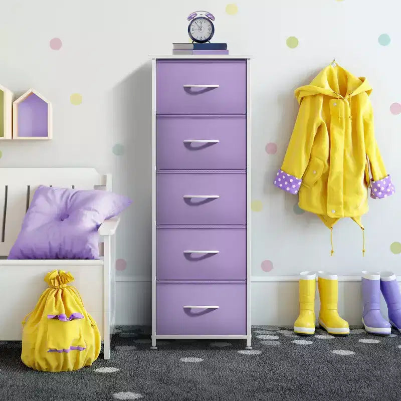 Comodino stretto a 5 cassetti con struttura in acciaio, piano in legno e cassetti in tessuto facili da estrarre per casa, camera da letto, ufficio e dormitorio