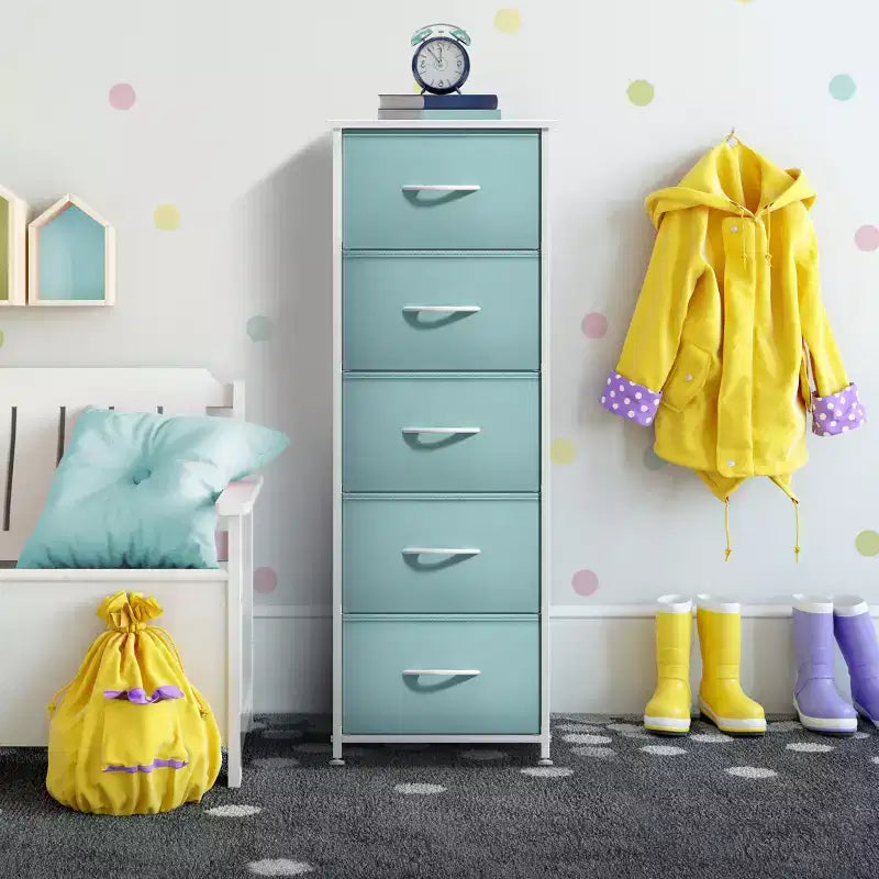 Comodino stretto a 5 cassetti con struttura in acciaio, piano in legno e cassetti in tessuto facili da estrarre per casa, camera da letto, ufficio e dormitorio