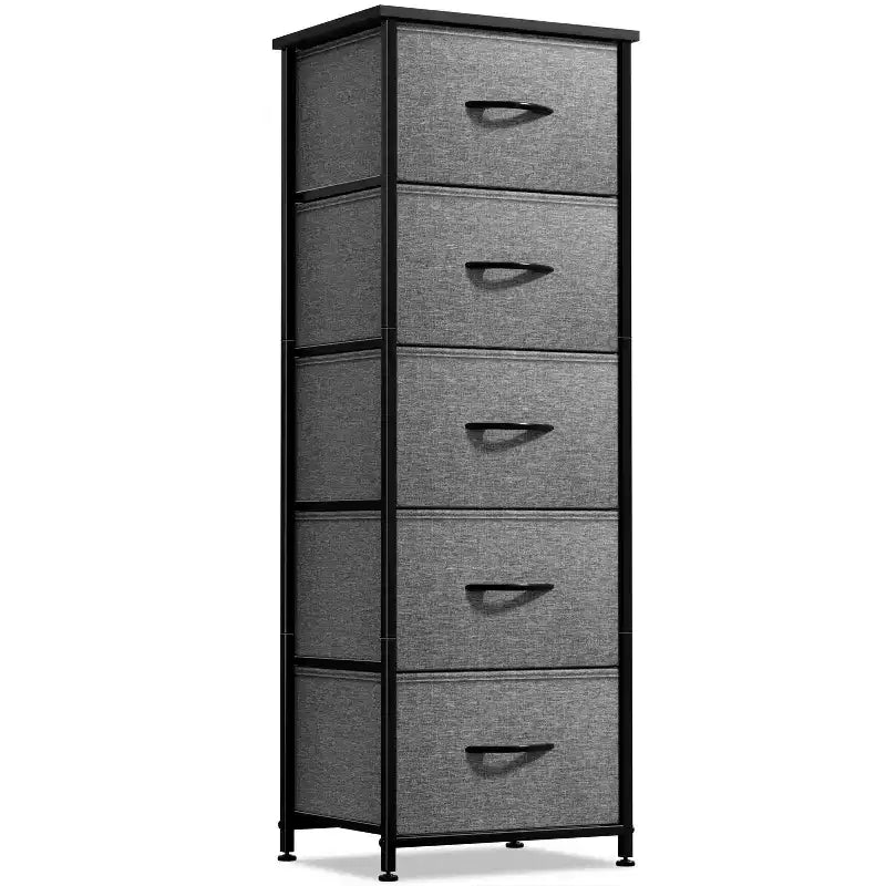 Comodino stretto a 5 cassetti con struttura in acciaio, piano in legno e cassetti in tessuto facili da estrarre per casa, camera da letto, ufficio e dormitorio