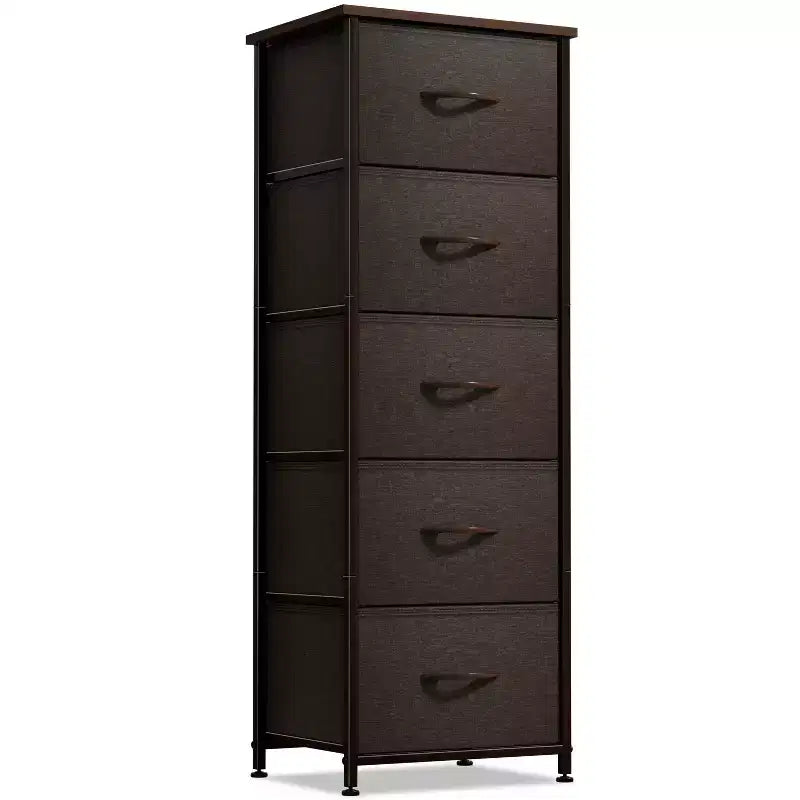 Comodino stretto a 5 cassetti con struttura in acciaio, piano in legno e cassetti in tessuto facili da estrarre per casa, camera da letto, ufficio e dormitorio