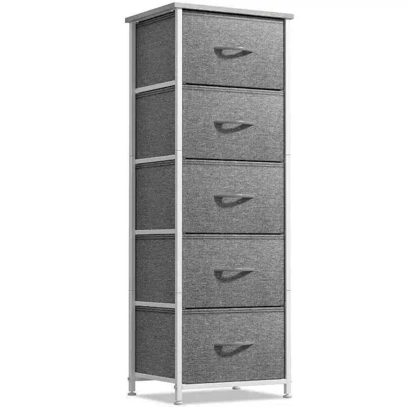 Comodino stretto a 5 cassetti con struttura in acciaio, piano in legno e cassetti in tessuto facili da estrarre per casa, camera da letto, ufficio e dormitorio