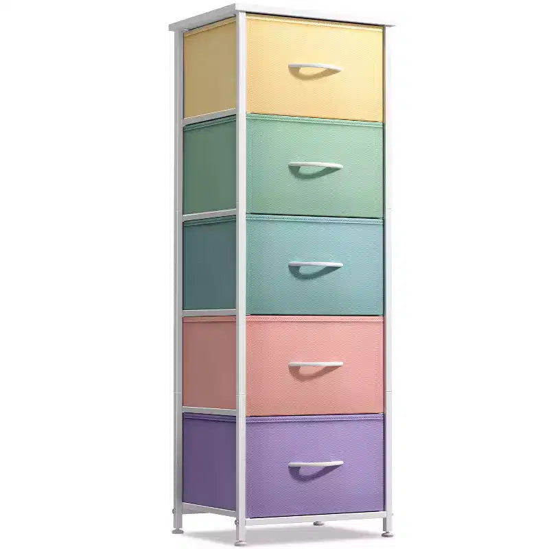 Comodino stretto a 5 cassetti con struttura in acciaio, piano in legno e cassetti in tessuto facili da estrarre per casa, camera da letto, ufficio e dormitorio