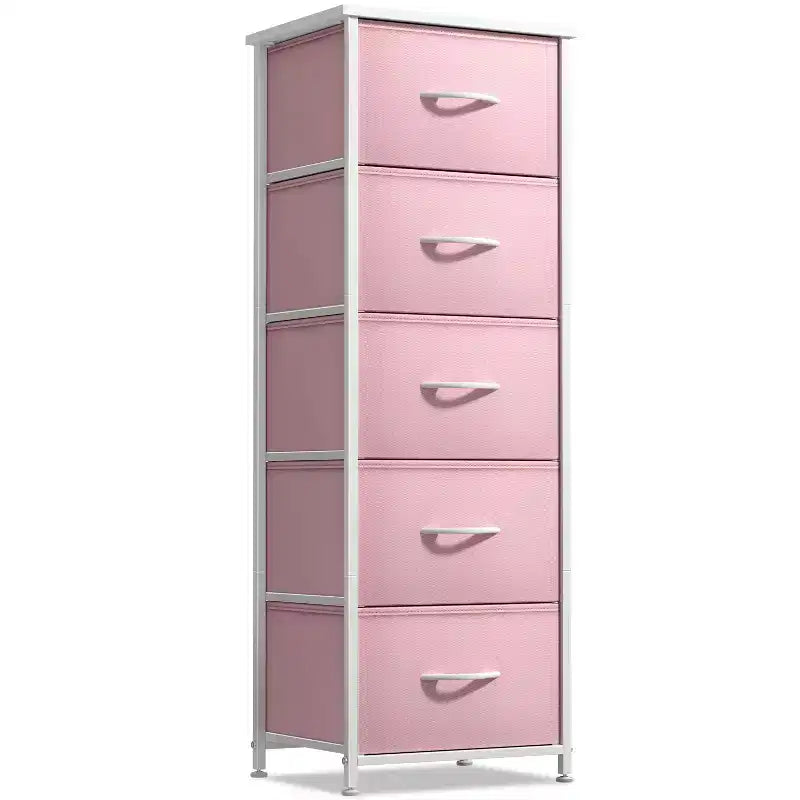 Comodino stretto a 5 cassetti con struttura in acciaio, piano in legno e cassetti in tessuto facili da estrarre per casa, camera da letto, ufficio e dormitorio