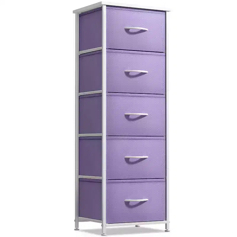 Comodino stretto a 5 cassetti con struttura in acciaio, piano in legno e cassetti in tessuto facili da estrarre per casa, camera da letto, ufficio e dormitorio