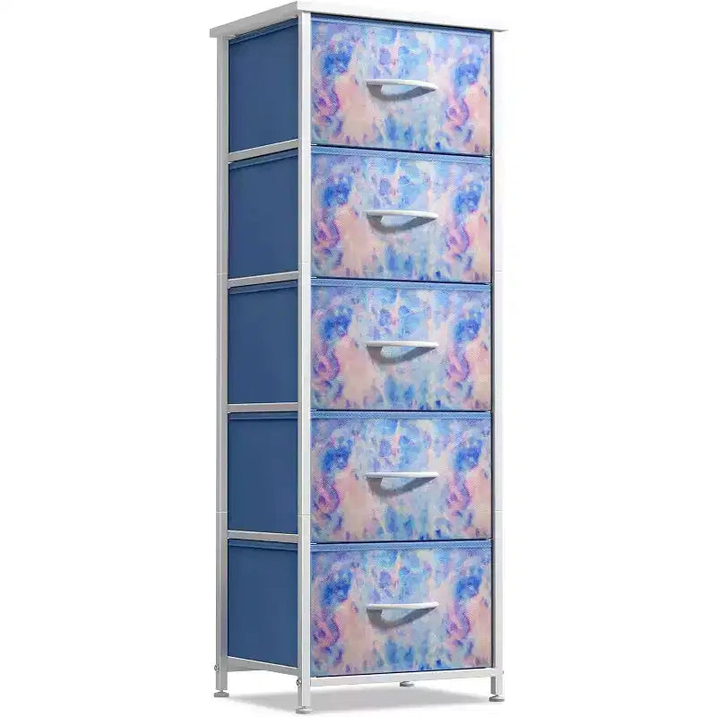 Comodino stretto a 5 cassetti con struttura in acciaio, piano in legno e cassetti in tessuto facili da estrarre per casa, camera da letto, ufficio e dormitorio