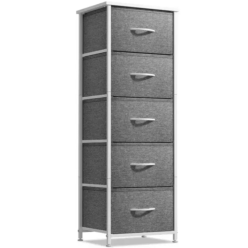 Comodino stretto a 5 cassetti con struttura in acciaio, piano in legno e cassetti in tessuto facili da estrarre per casa, camera da letto, ufficio e dormitorio