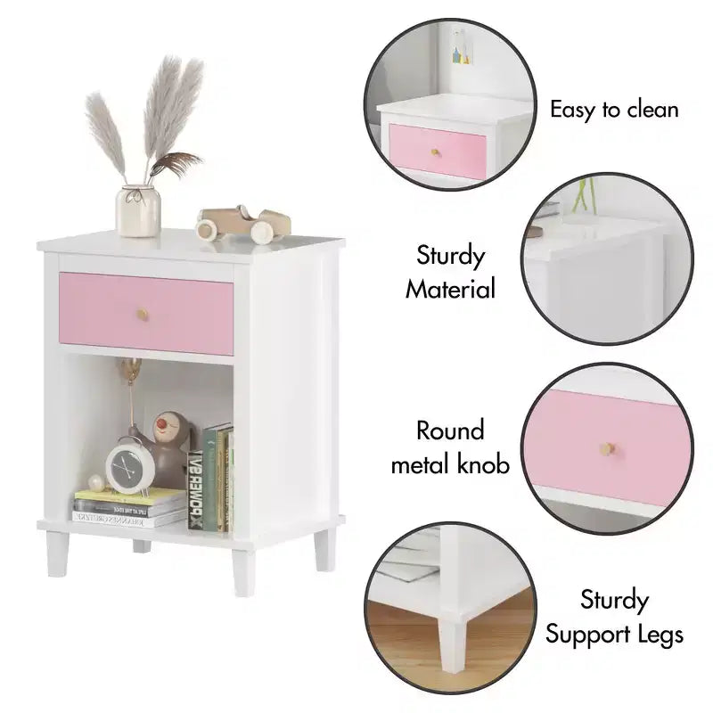 Comodino in legno da 68 cm con un cassetto e una mensola per bambini e adulti