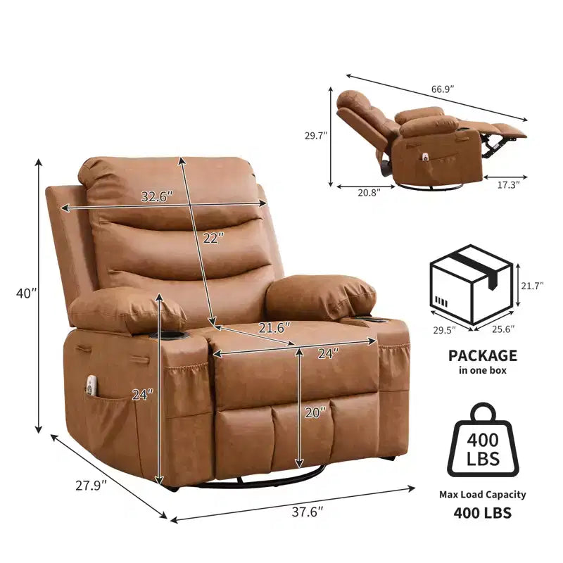 Poltrona reclinabile oversize per cameretta, girevole a 360° con funzione dondolo, calore e massaggio, portabicchieri e vano portaoggetti