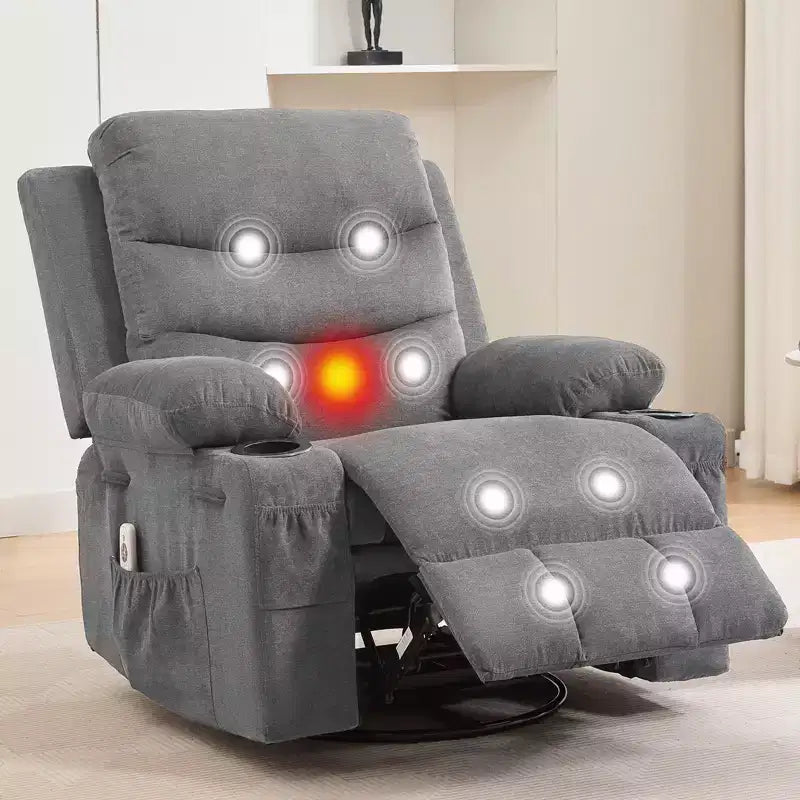Poltrona reclinabile oversize per cameretta, girevole a 360° con funzione dondolo, calore e massaggio, portabicchieri e vano portaoggetti
