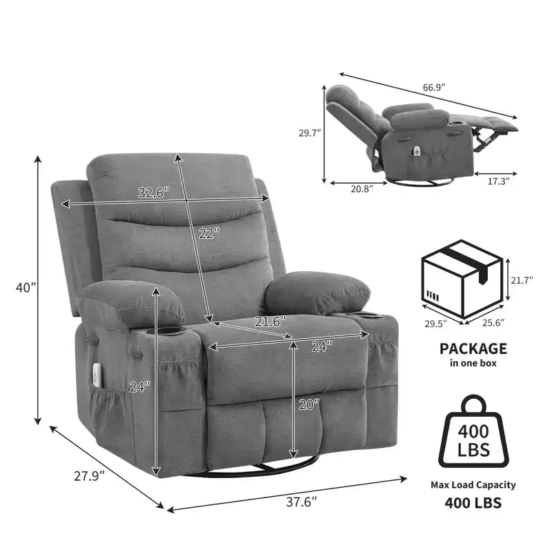 Poltrona reclinabile oversize per cameretta, girevole a 360° con funzione dondolo, calore e massaggio, portabicchieri e vano portaoggetti
