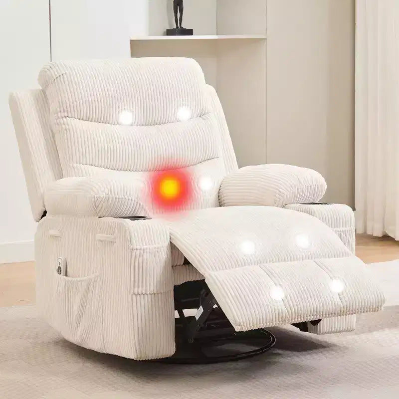 Poltrona reclinabile oversize per cameretta, girevole a 360° con funzione dondolo, calore e massaggio, portabicchieri e vano portaoggetti