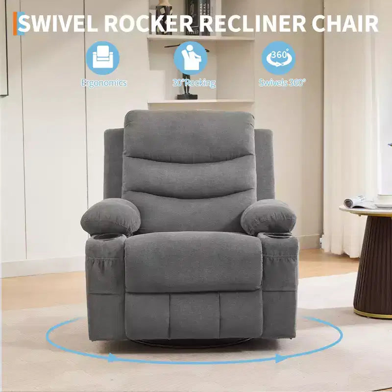 Poltrona reclinabile oversize per cameretta, girevole a 360° con funzione dondolo, calore e massaggio, portabicchieri e vano portaoggetti
