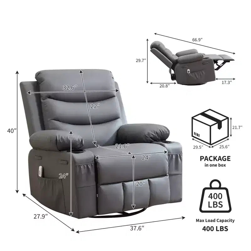 Poltrona reclinabile oversize per cameretta, girevole a 360° con funzione dondolo, calore e massaggio, portabicchieri e vano portaoggetti
