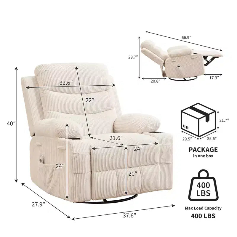 Poltrona reclinabile oversize per cameretta, girevole a 360° con funzione dondolo, calore e massaggio, portabicchieri e vano portaoggetti