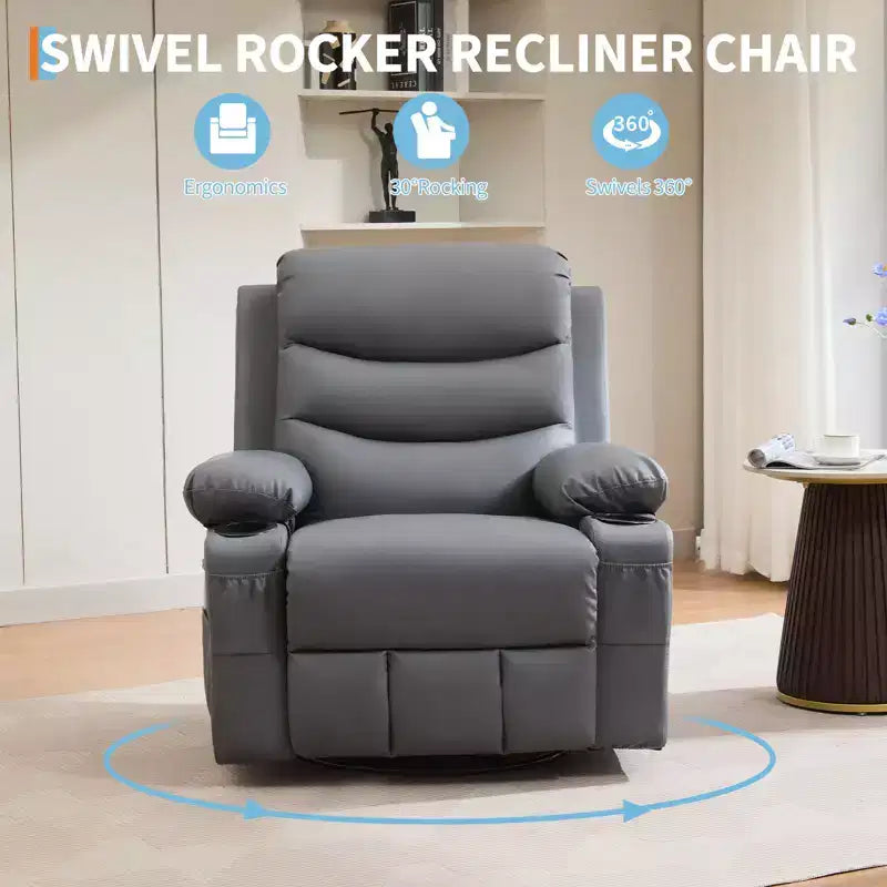 Poltrona reclinabile oversize per cameretta, girevole a 360° con funzione dondolo, calore e massaggio, portabicchieri e vano portaoggetti