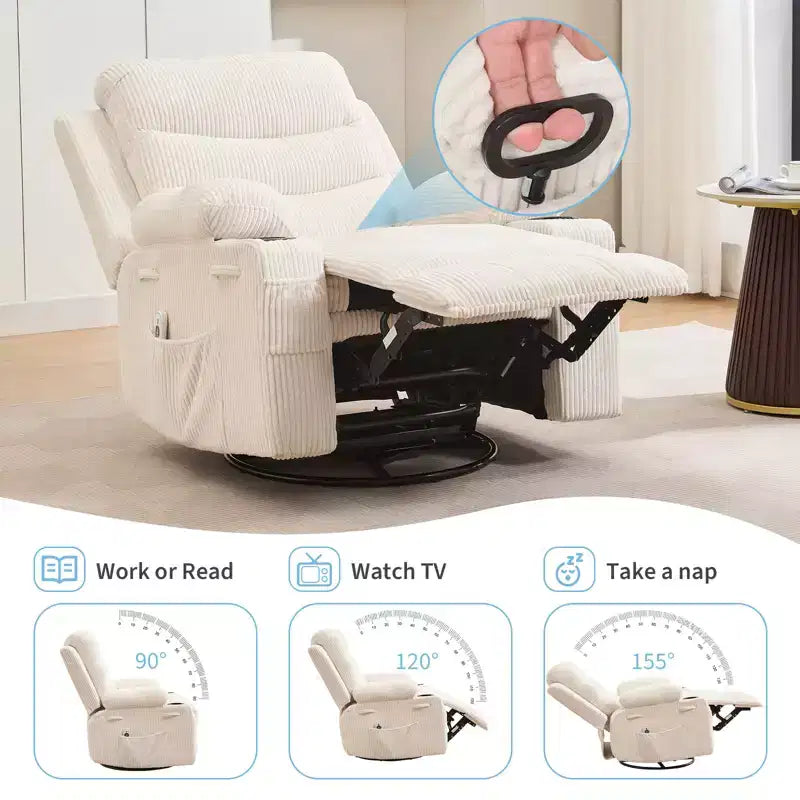 Poltrona reclinabile oversize per cameretta, girevole a 360° con funzione dondolo, calore e massaggio, portabicchieri e vano portaoggetti
