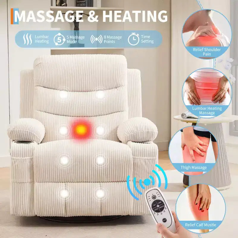 Poltrona reclinabile oversize per cameretta, girevole a 360° con funzione dondolo, calore e massaggio, portabicchieri e vano portaoggetti