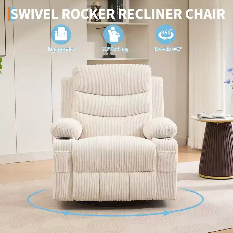 Poltrona reclinabile oversize per cameretta, girevole a 360° con funzione dondolo, calore e massaggio, portabicchieri e vano portaoggetti