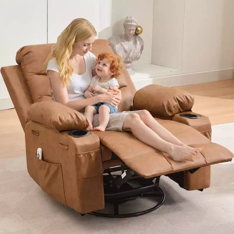 Poltrona reclinabile oversize per cameretta, girevole a 360° con funzione dondolo, calore e massaggio, portabicchieri e vano portaoggetti