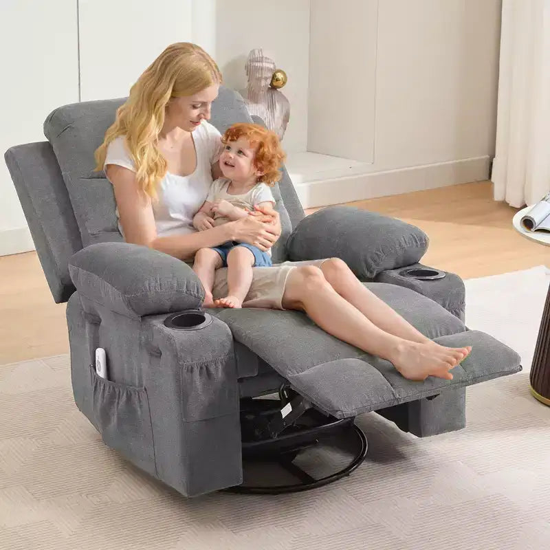 Poltrona reclinabile oversize per cameretta, girevole a 360° con funzione dondolo, calore e massaggio, portabicchieri e vano portaoggetti