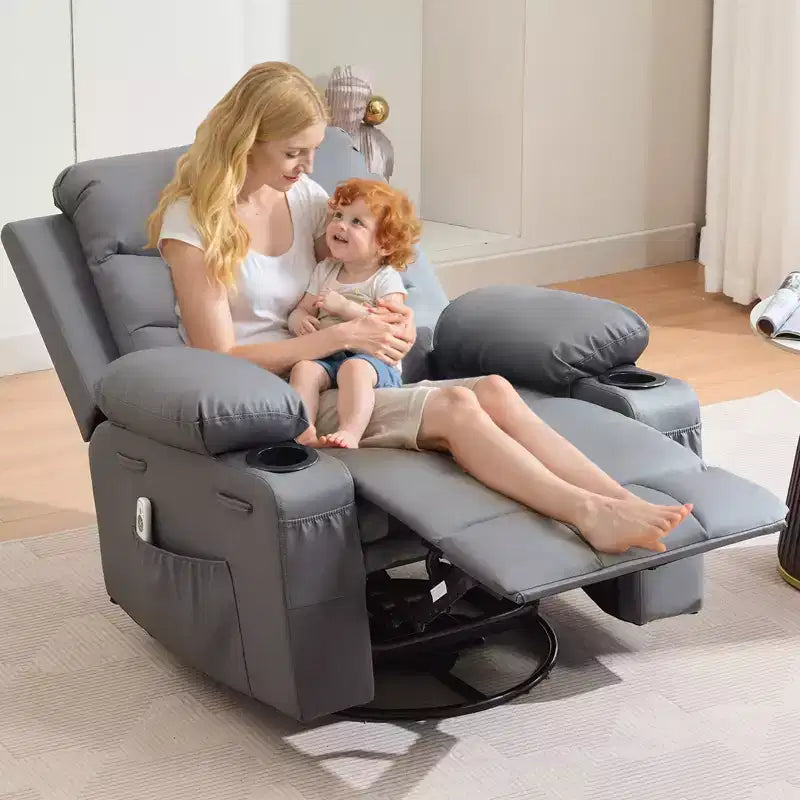 Poltrona reclinabile oversize per cameretta, girevole a 360° con funzione dondolo, calore e massaggio, portabicchieri e vano portaoggetti